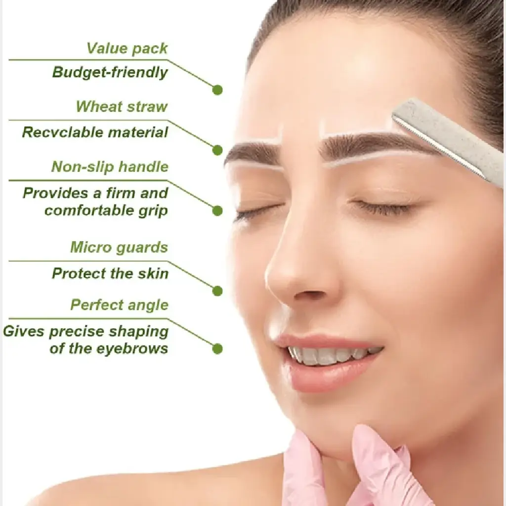 Close-up of stainless steel blade on wheat straw eyebrow razor designed for safe dermaplaning and sensitive skin