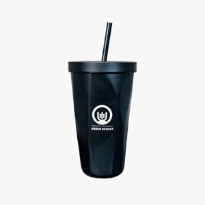 Double wall stainless steel tumbler 450ml with spill-resistant lid and black steel straw