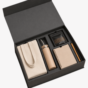 Office essential hamper with eco-friendly workplace items
