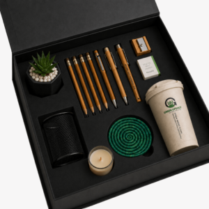 Desk essentials box with reusable stationery and mug